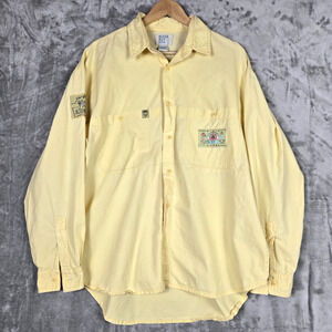 Vintage Bugle Boy Long Sleeve Button Up Shirt Yellow Sports Patches 1988 Size L